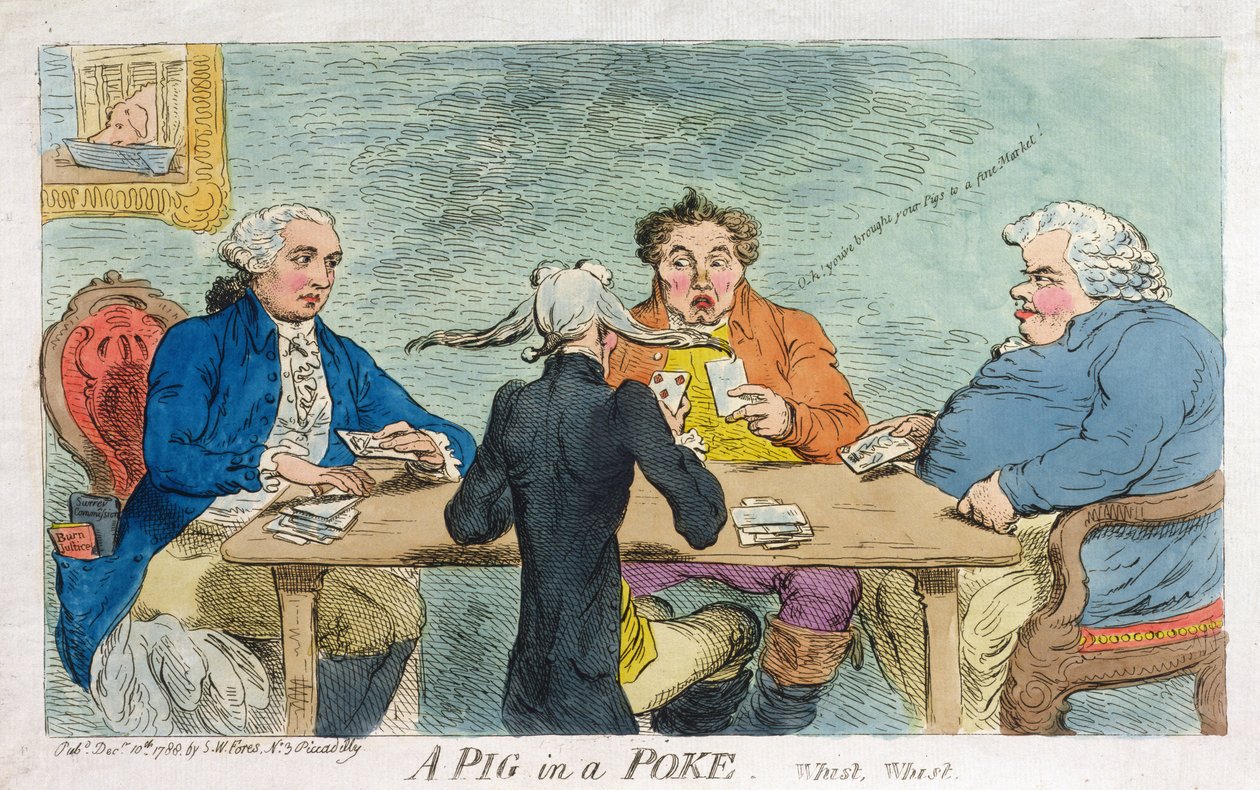 A Pig in a Poke, kiadta S.W. Fores 1788-ban (kézi színezett metszet) alkotó: James Gillray