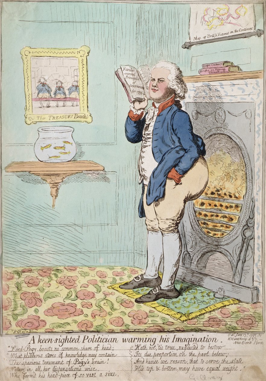 Egy éles látó politikus, aki melegíti a képzeletét, Hannah Humphrey adta ki 1795-ben (kézzel színezett rézkarc) alkotó: James Gillray