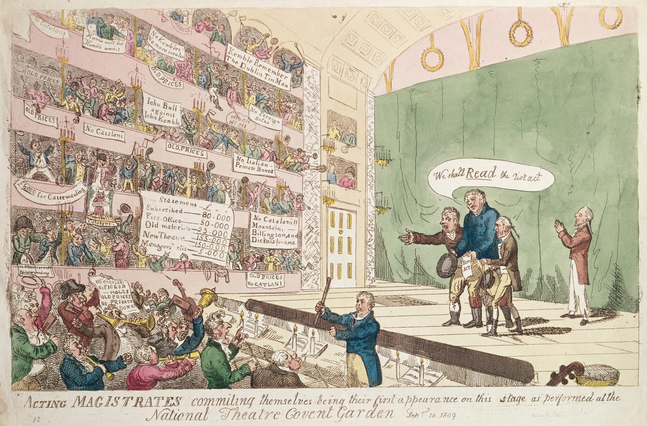 Színészbírák, akik elkötelezik magukat, első előadásuk a Nemzeti Színházban, Covent Garden, London, 1809 (színes metszet) alkotó: James Gillray