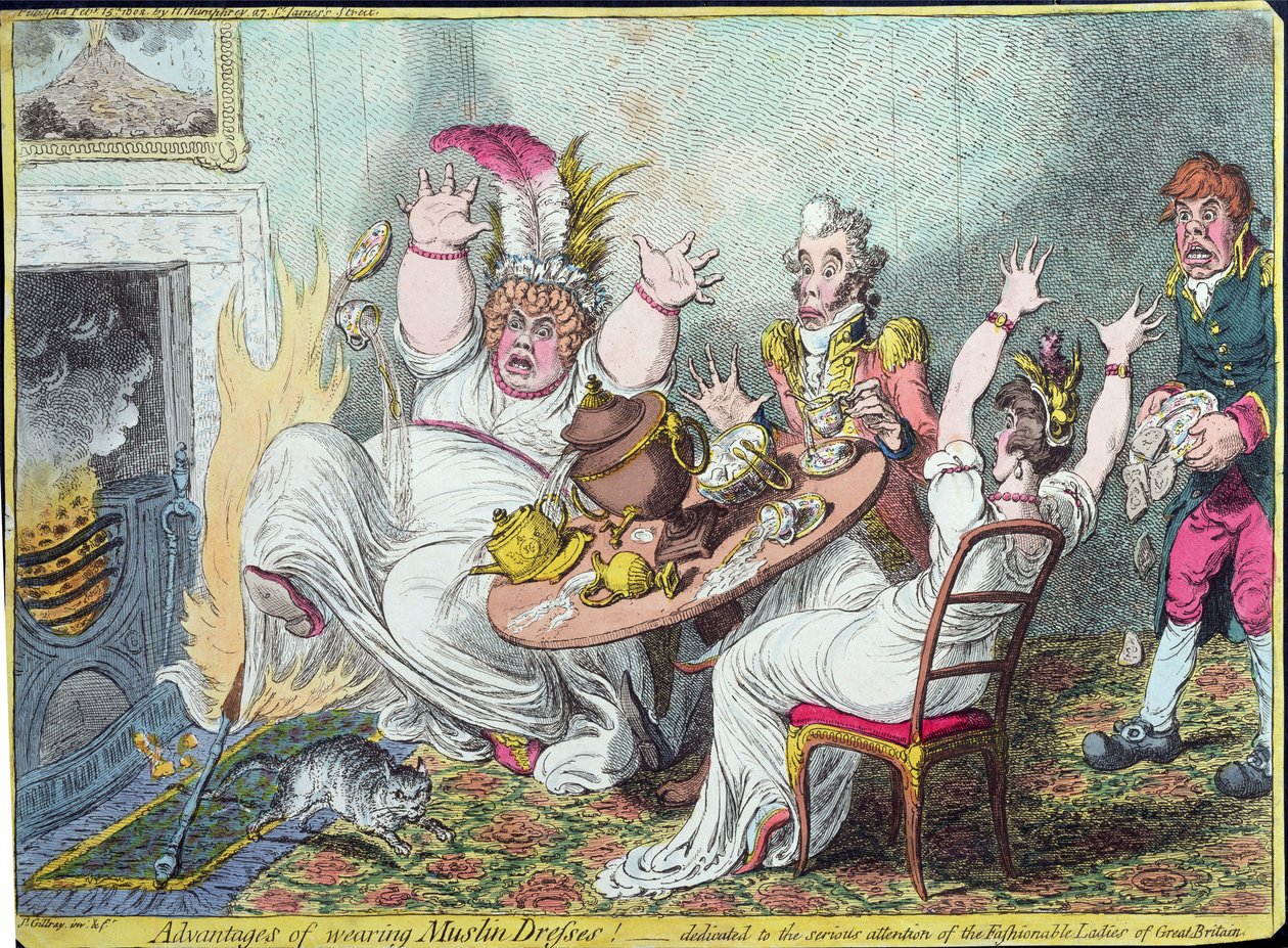 A muszlin ruhák viselésének előnyei! Nagy-Britannia divatos hölgyeinek komoly figyelmének szentelt, Hannah Humphrey, 1802 (kézzel színezett metszet) alkotó: James Gillray