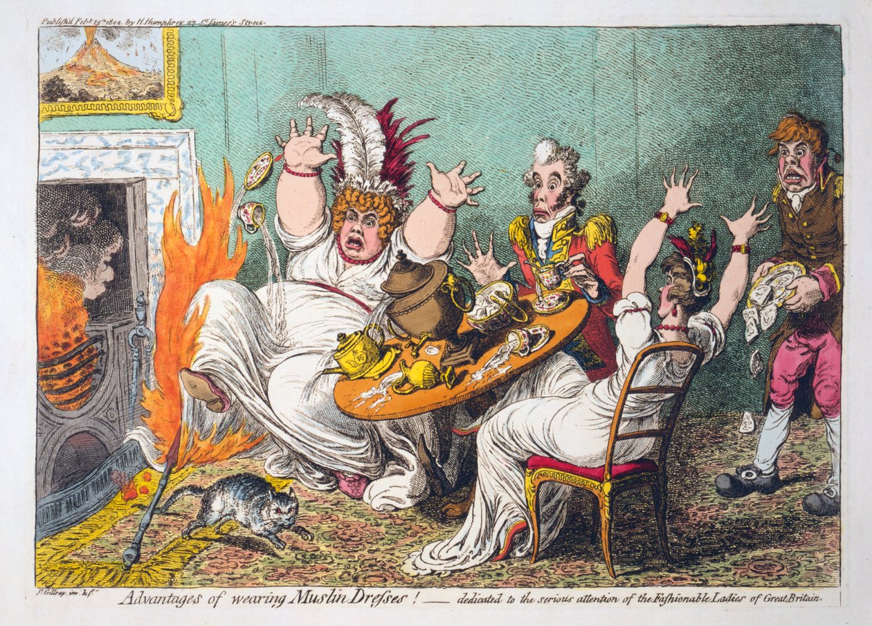 A muszlin ruhák viselésének előnyei! Nagy-Britannia divatos hölgyeinek komoly figyelmének szentelt kocsma. 1802 (kézzel színezett metszet) alkotó: James Gillray