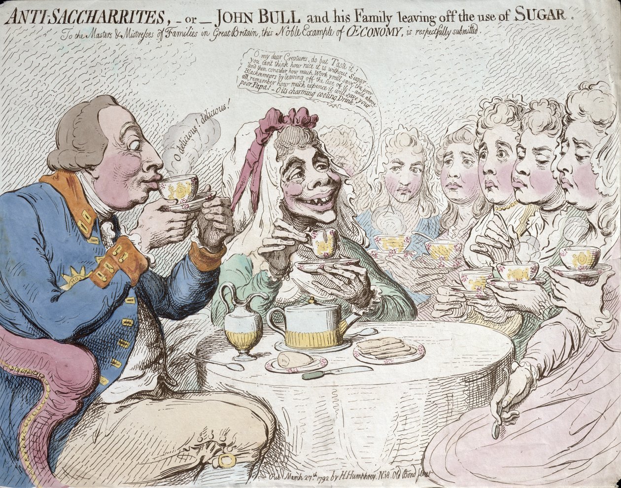 Hannah Humphrey 1792-ben kiadott Anti-Szachariták, avagy John Bull és családja a cukor használatának mellőzésével (kézzel színezett rézkarc) alkotó: James Gillray