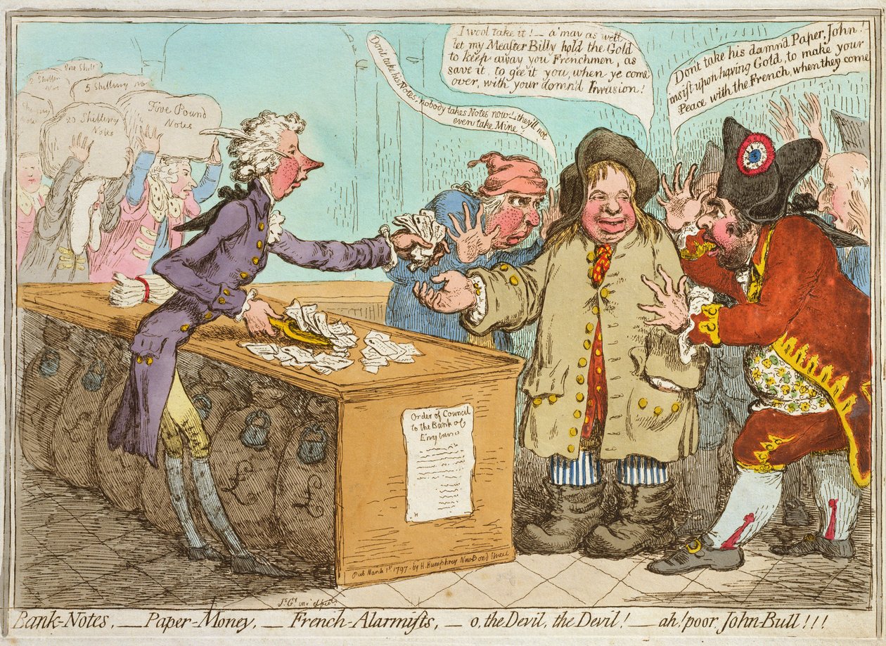 Bankjegyek - Papírpénz - Francia Riasztók - ah! szegény John Bull! Hannah Humphrey adta ki 1797-ben (kézzel színezett rézkarc) alkotó: James Gillray