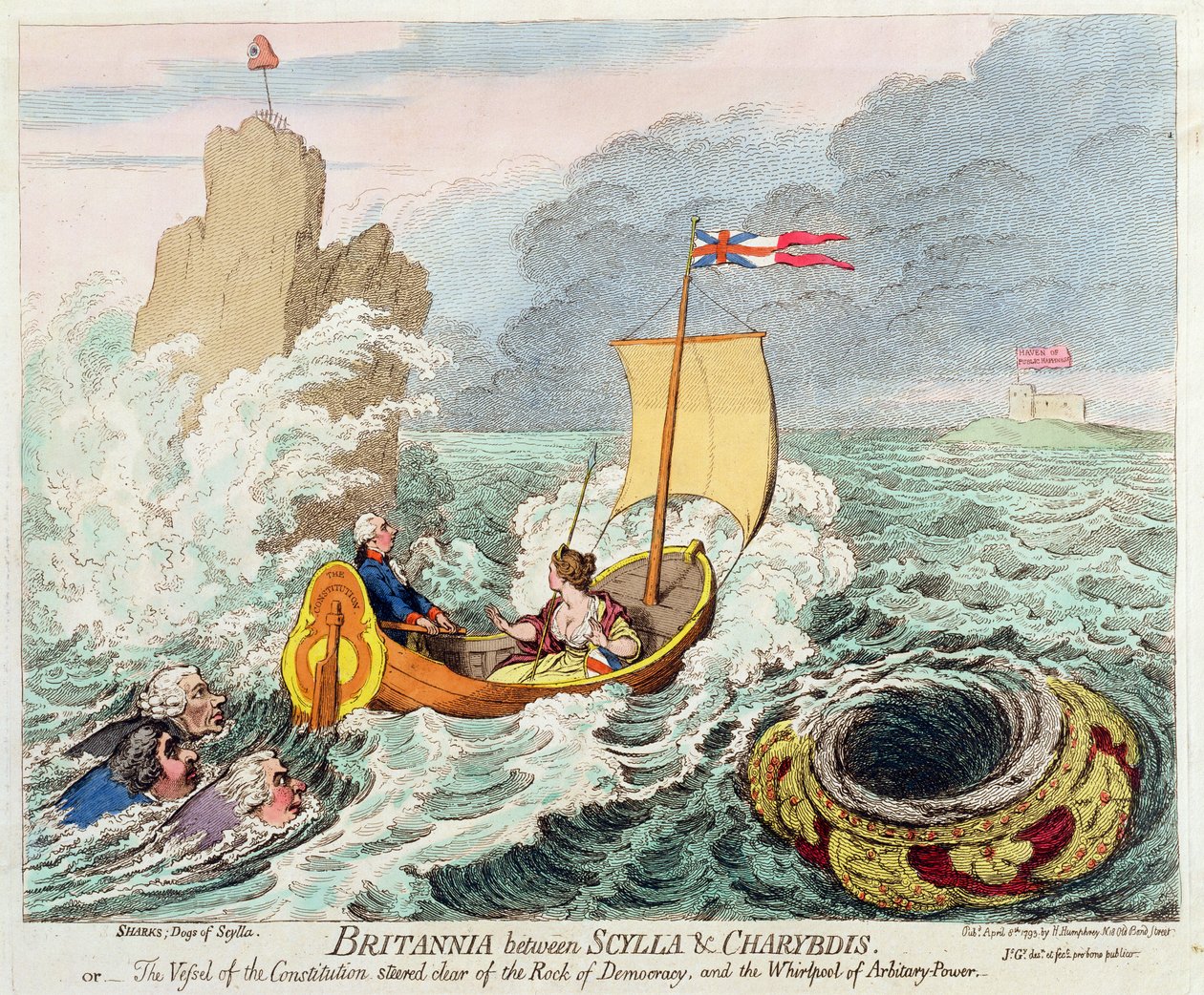 A Hannah Humphrey által 1793-ban kiadott Britannia Between Scylla und Charybdis, vagyis Az alkotmány edénye a demokrácia sziklájától és az önkényes hatalom örvényétől elkerülve (kézzel színezett stb. alkotó: James Gillray