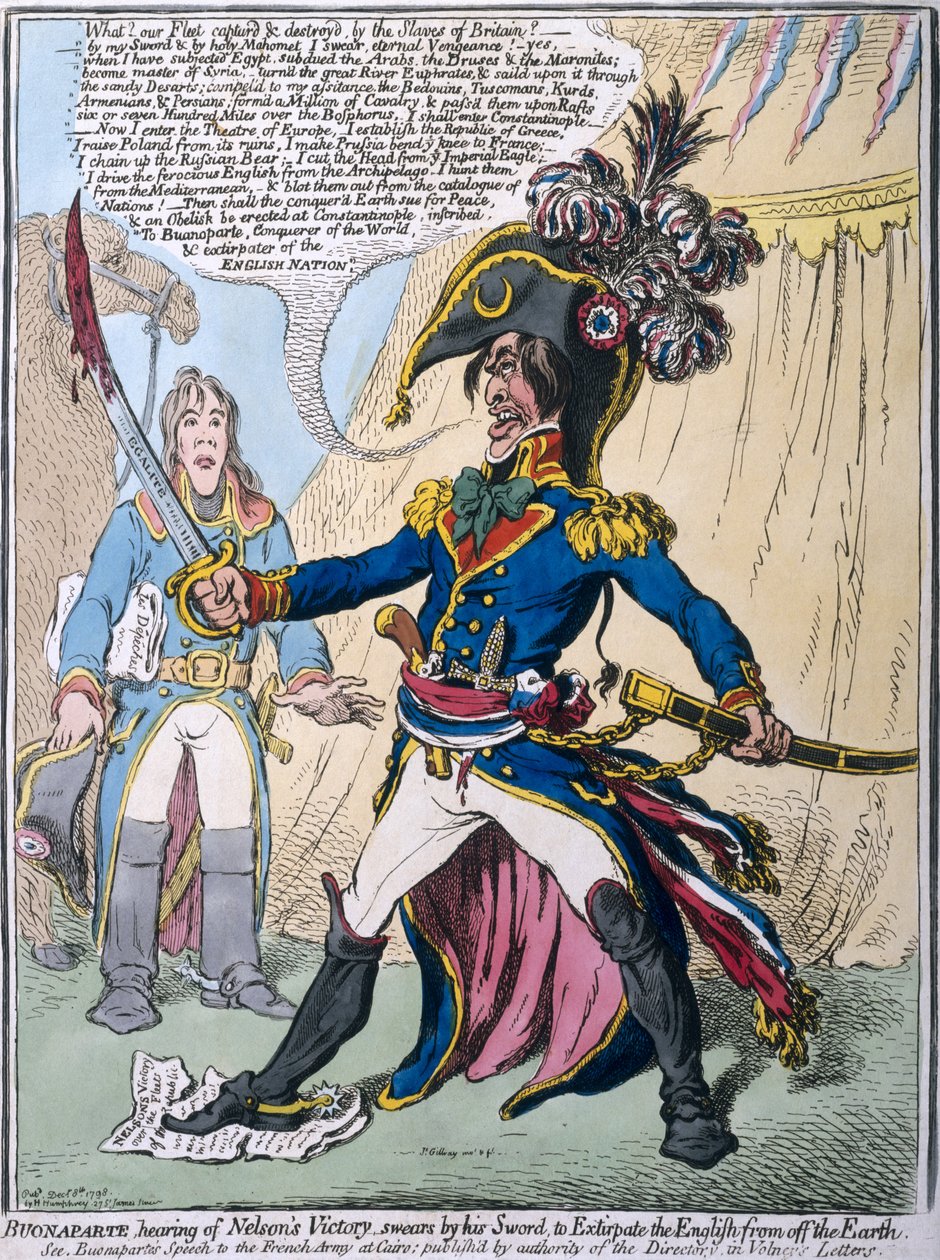 Hannah Humphrey 1798-ban publikálta, hogy Nelson győzelme Buonaparte kardjára esküszik, hogy kiirtsa az angolokat a Földről (kézzel színezett rézkarc) alkotó: James Gillray