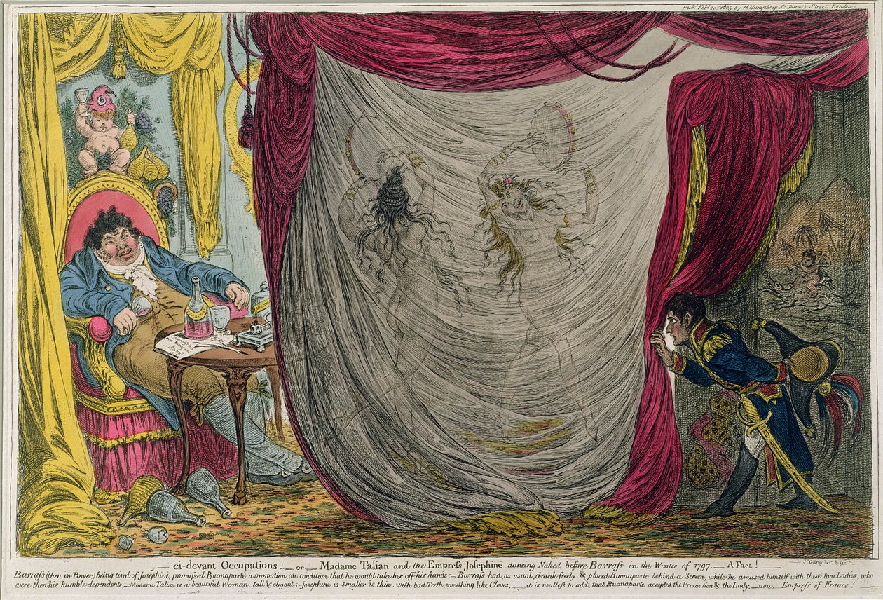 Ci-devant Occupations, or Madame Talian and the Empress Josephine Dancing Naked before Barrass in the Winter of 1797, megjelent Hannah Humphrey által 1805-ben (metszet akvatintával). alkotó: James Gillray