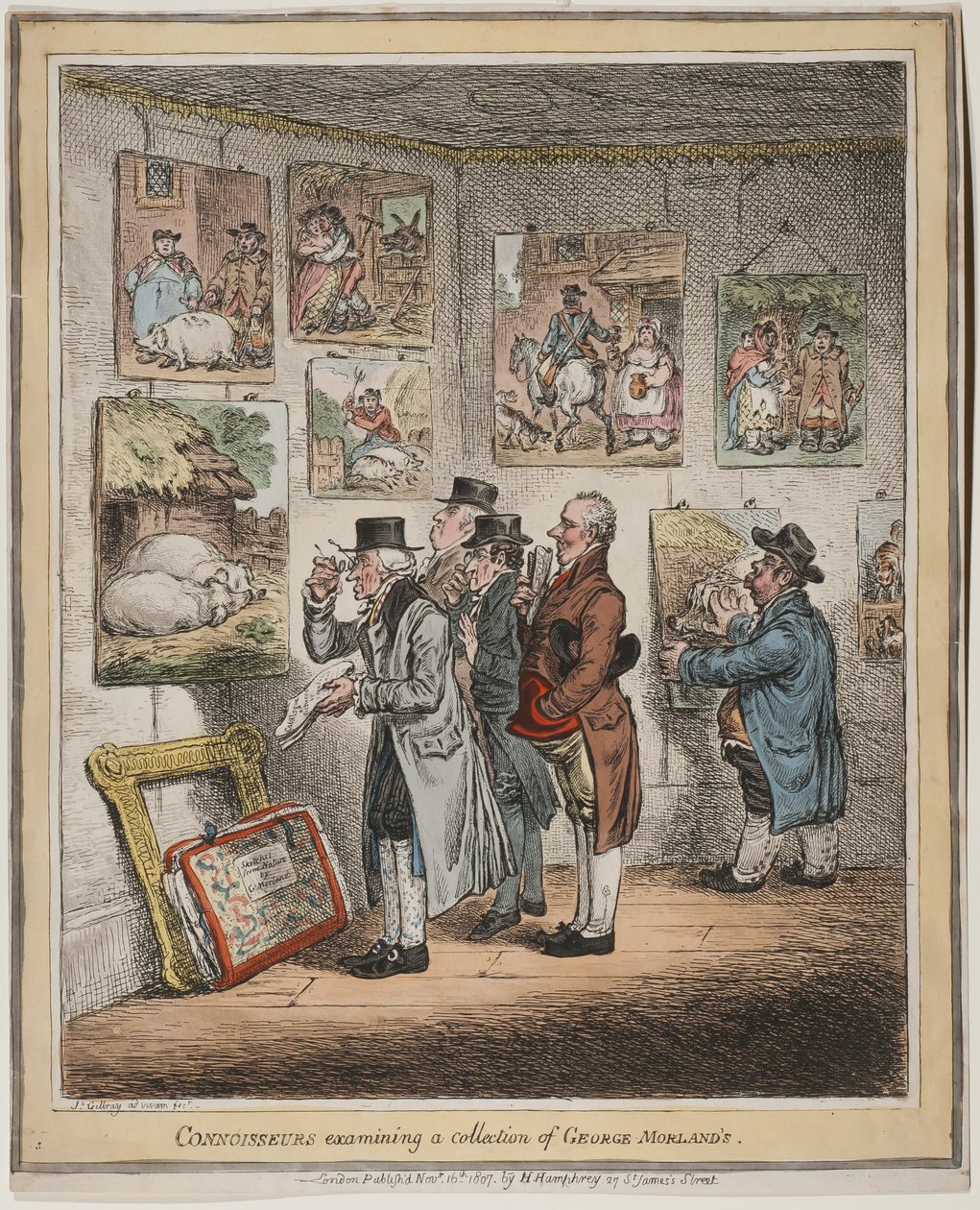 George Morland gyűjteményét vizsgáló műértők, kiadó: Hannah Humphrey, 1807 (kézi színes metszet) alkotó: James Gillray
