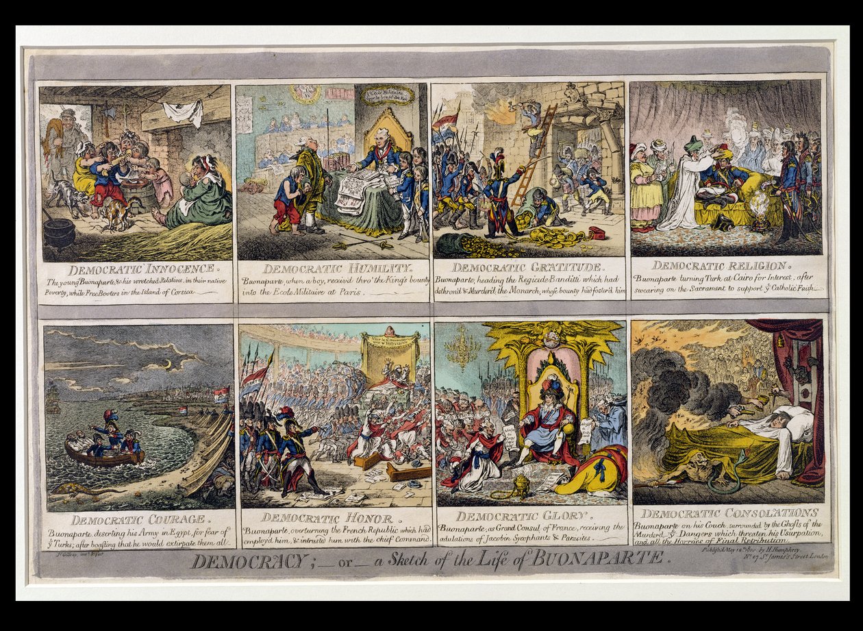 Demokrácia, avagy Buonaparte életének vázlata, Hannah Humphrey adta ki 1800-ban (kézzel színezett rézkarc) alkotó: James Gillray