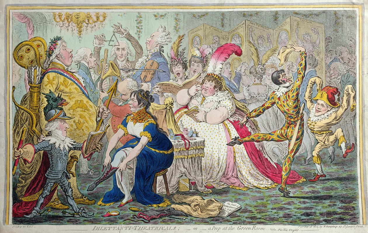 Dilettanti Theatricals, avagy Kukucskál a zöld szobában, Hannah Humphrey adta ki 1803-ban (kézzel színezett rézkarc) alkotó: James Gillray