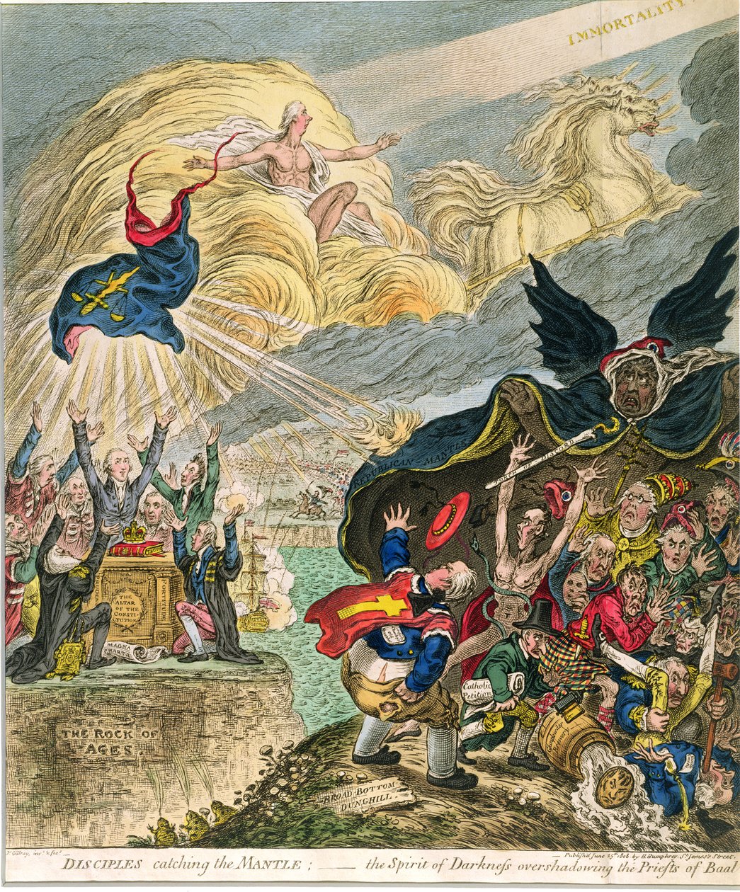 A köpenyt elkapó tanítványok: a sötétség szelleme beárnyékolja Baál papjait, Hannah Humphrey kiadása 1808-ban (kézi színezett metszet). alkotó: James Gillray