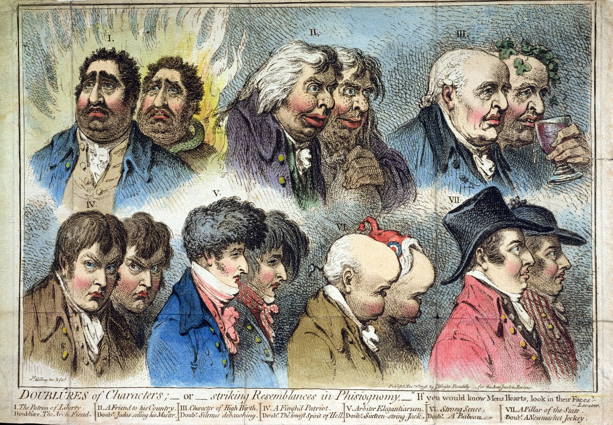 Karakterek megkettőzése, avagy feltűnő hasonlóságok a fiziognómiában, J. Wright kiadója 1798-ban (kézzel színezett rézkarc) alkotó: James Gillray