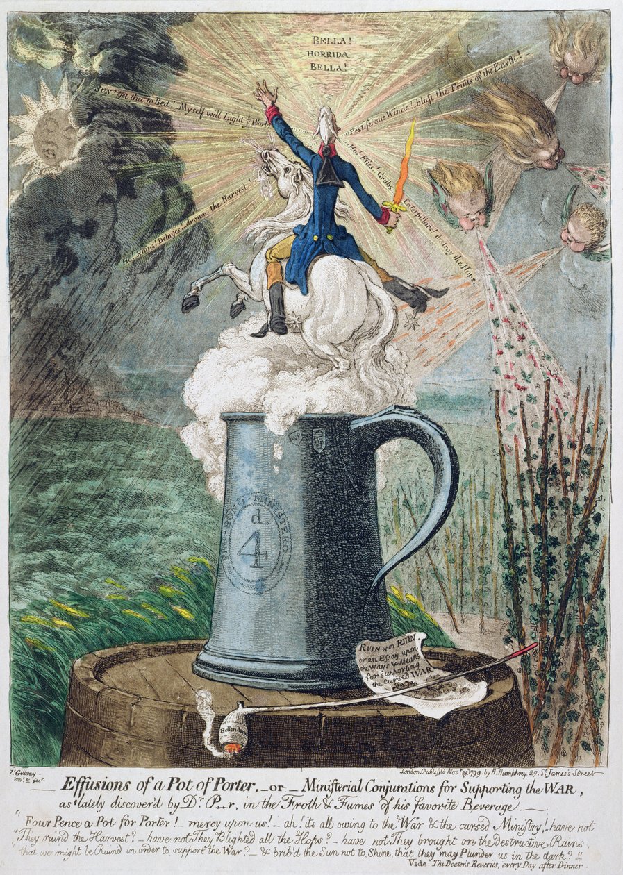 Hannah Humphrey 1799-ben kiadott „Effusions of a Pot of Porter” (Kézzel színezett rézkarc) Avagy Miniszteri megigézések a háború támogatására alkotó: James Gillray