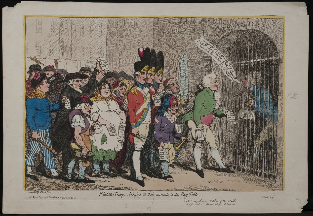 Választási csapatok, akik behozzák számláikat a fizetési táblázathoz, 1788 alkotó: James Gillray