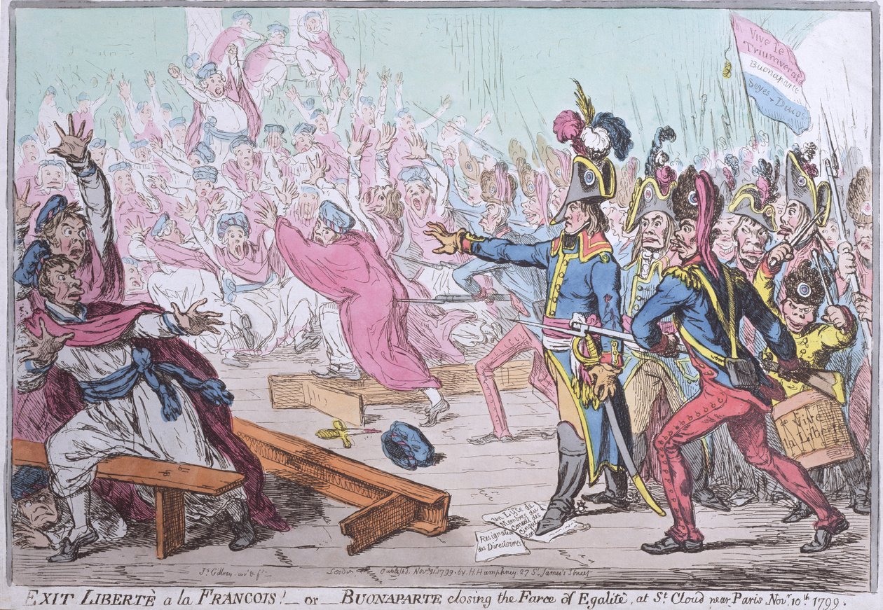 Lépjen ki a Liberte a la Francoisból! vagy a Buonaparte, amely a Párizs melletti St. Cloudban zárja az Egalit-farcet, Hannah Humphrey adta ki 1799-ben (kézzel színezett rézkarc) alkotó: James Gillray