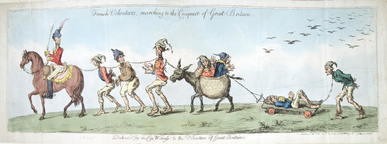 Francia önkéntesek, menetel Nagy-Britannia meghódítására, Hannah Humphrey adta ki 1799-ben (kézzel színezett rézkarc) alkotó: James Gillray