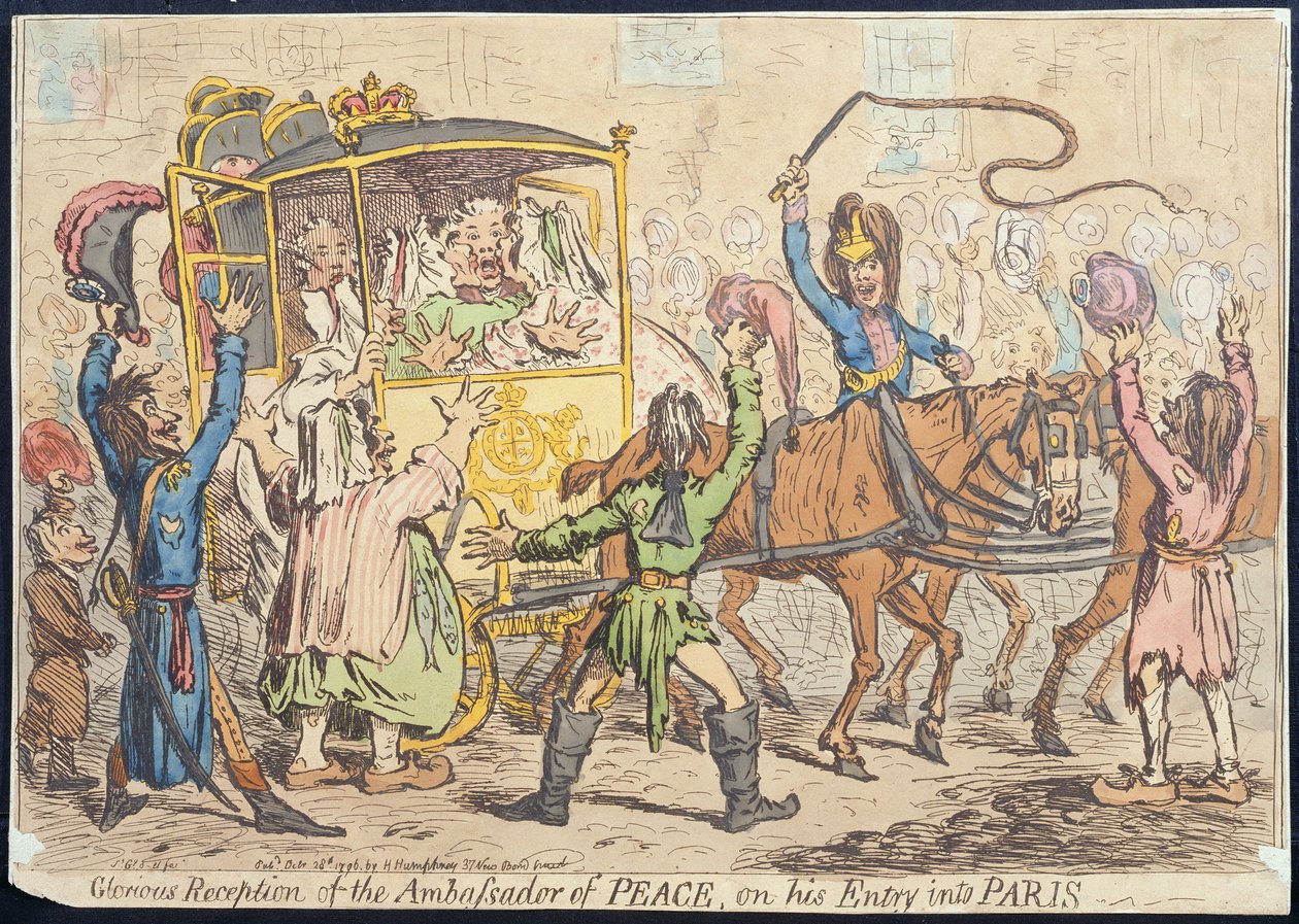 A Béke Nagykövetének dicsőséges fogadtatása Párizsba való belépéskor, Hannah Humphrey 1796-ban (kézzel színezett rézkarc) alkotó: James Gillray