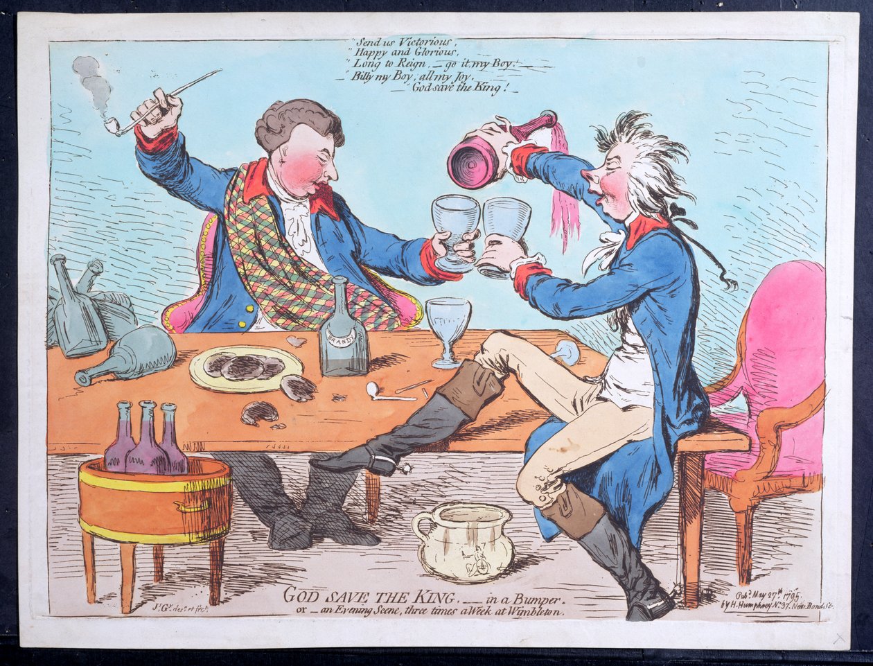 God Save the King – lökhárítóban, avagy Egy esti jelenet heti háromszor Wimbletonban, Hannah Humphrey adta ki 1795-ben (kézzel színezett rézkarc) alkotó: James Gillray