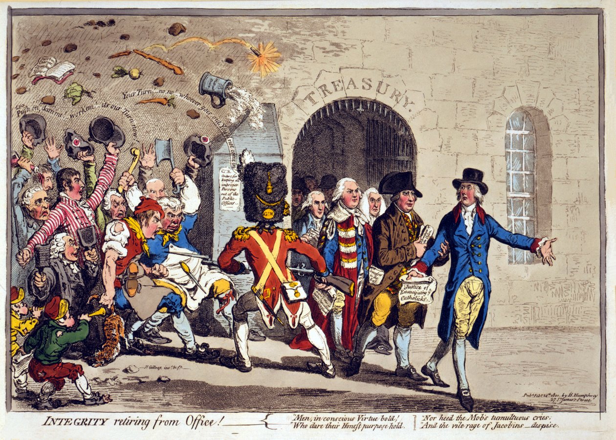 Integrity visszavonul az Office-tól!, pub. 1801 (kézzel színezett metszet) alkotó: James Gillray