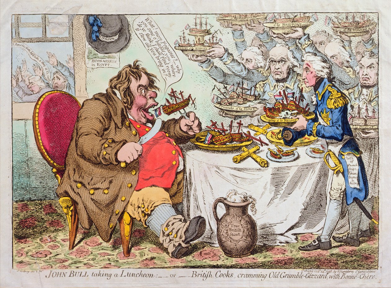 John Bull Taking a Luncheon, avagy British Cooks, teletömi az Old Grumble-Gizzard-t Bonne-Chere-vel, Hannah Humphrey adta ki 1798-ban (kézzel színezett rézkarc) alkotó: James Gillray