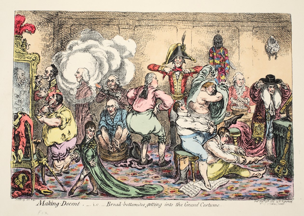 Tisztességes, azaz Broad Bottomites készítése a Grand Costume-be, kocsmába. 1806 (kézzel színezett metszet) alkotó: James Gillray