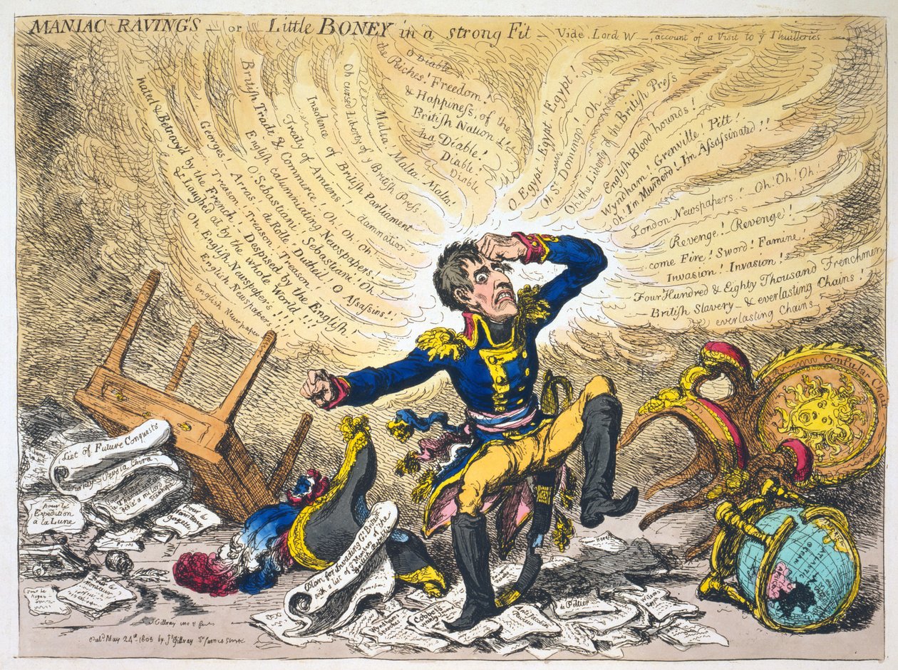 Maniac Ravings, or Little Boney in a Strong Fit, pub.1803 (kézzel színezett metszet) alkotó: James Gillray