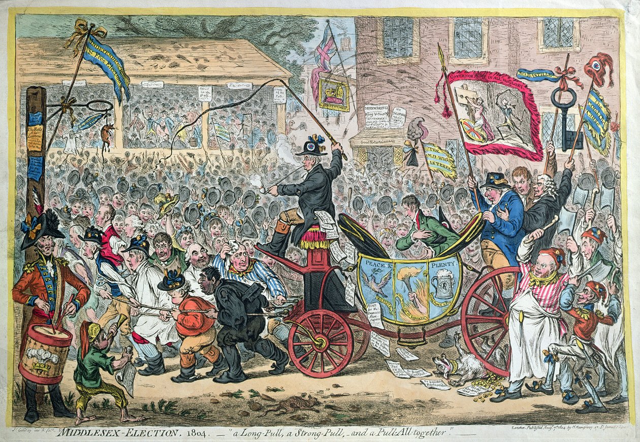 Middlesex Election, 1804, avagy Egy hosszú húzás, egy erős húzás és egy húzás összesen, Hannah Humphrey kiadása 1804-ben (kézi színezett metszet). alkotó: James Gillray