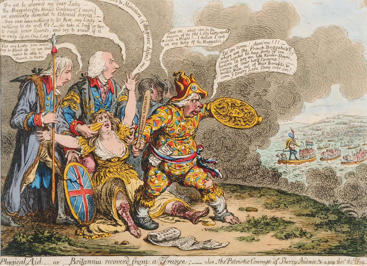 Physical Aid, avagy transzból kilábalt Britannia: szintén Hannah Humphrey 1803-ban megjelent The Patriotic Courage of Sherry Andrews és a Peep into the Fog (kézzel színezett rézkarc) című könyve. alkotó: James Gillray