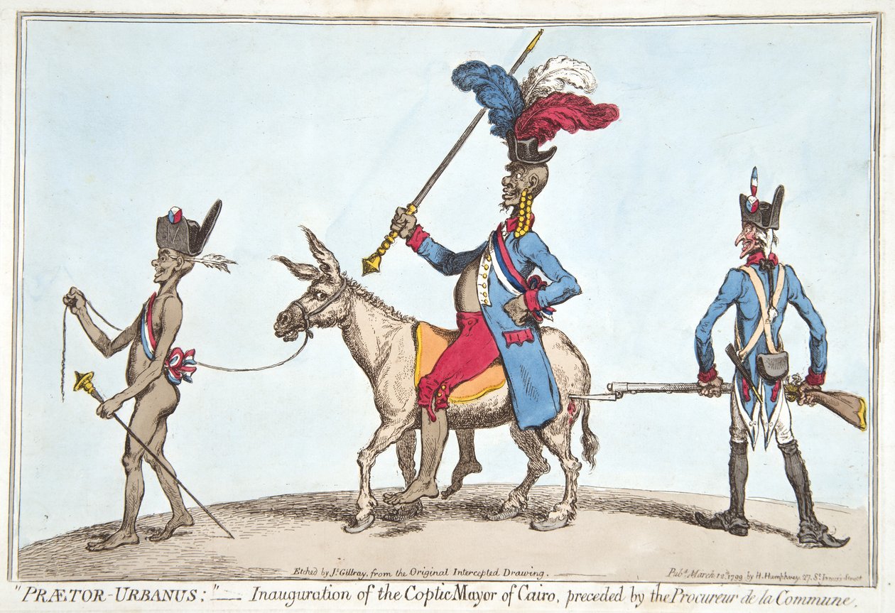 Praetor Urbanus – Kairó kopt polgármesterének beiktatása, amelyet a Procureur de la Commune előz meg, Hannah Humphrey 1799-ben (kézzel színezett rézkarc) alkotó: James Gillray