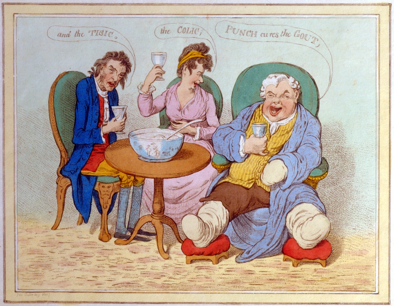 A puncs gyógyítja a köszvényt, a kólikát és a tizikát (színes rézkarc) alkotó: James Gillray