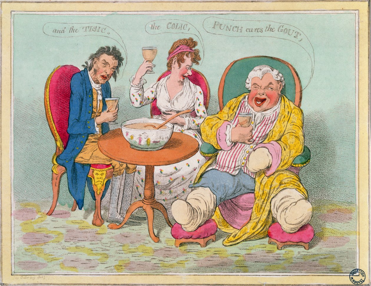 "A puncs gyógyítja a köszvényt, a kólikát és a tizicit" (színes rézkarc) alkotó: James Gillray