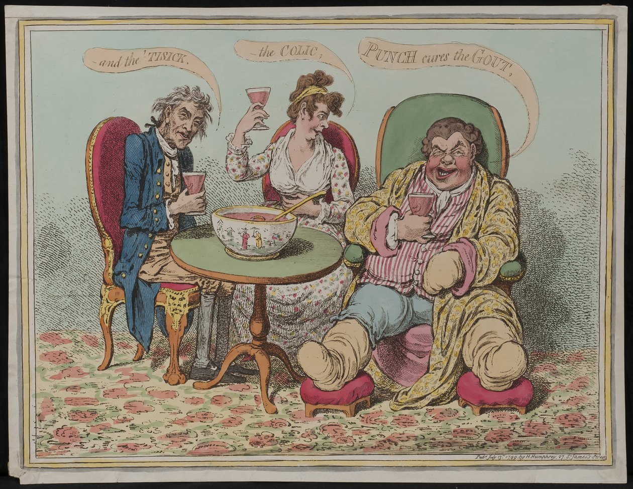 A puncs gyógyítja a köszvényt, a kólikát és a gyulladást, 1799 alkotó: James Gillray