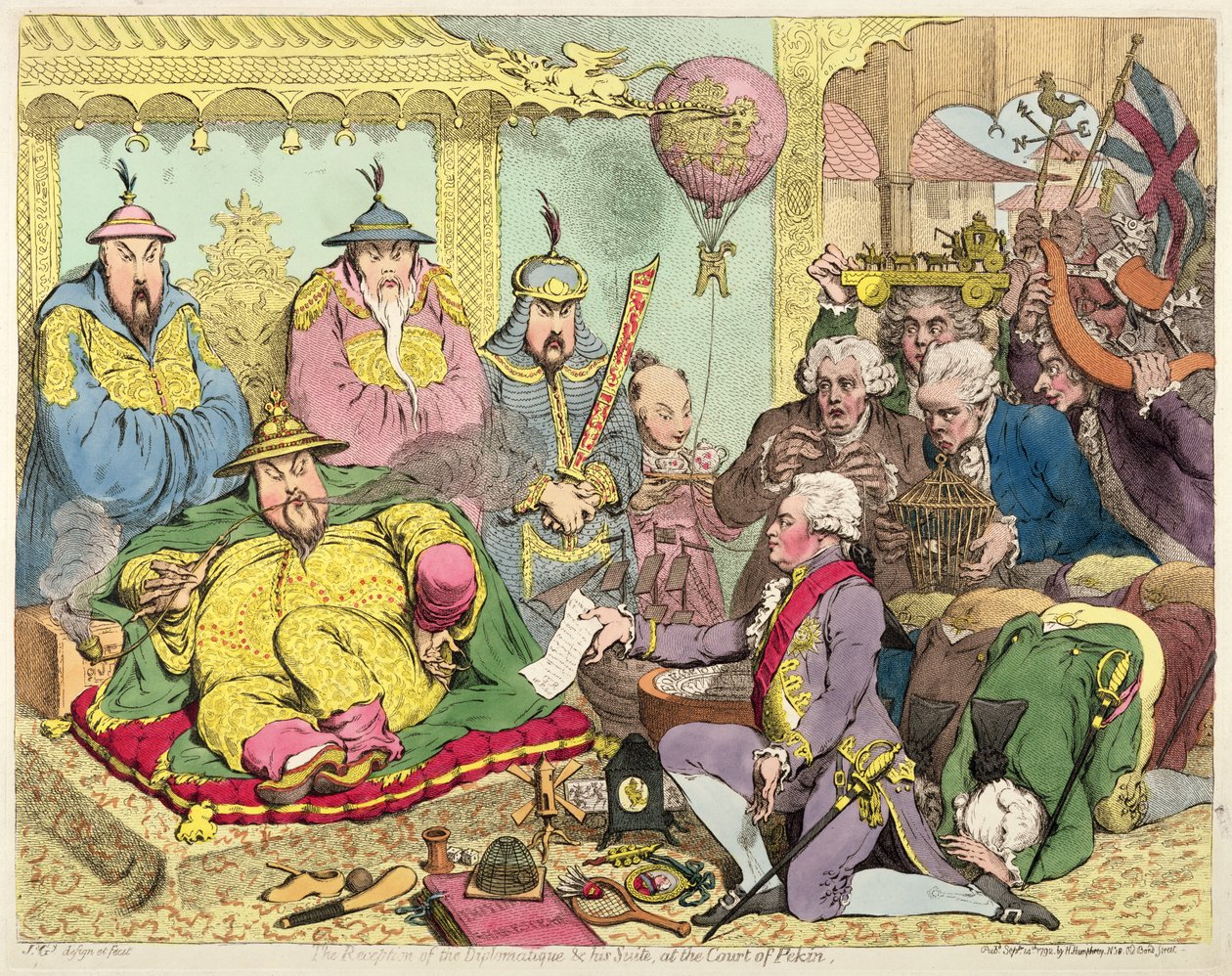A Diplomatique és lakosztályának fogadása a pekini udvarban, 1793 körül (színes rézkarc) alkotó: James Gillray