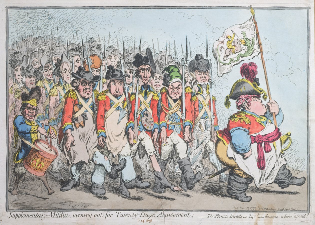Kiegészítő milícia húsz napos mulatságra, avagy a franciák megszállnak minket, hay damme, aki attól tart, Hannah Humphrey adta ki 1796-ban (kézzel színezett rézkarc) alkotó: James Gillray