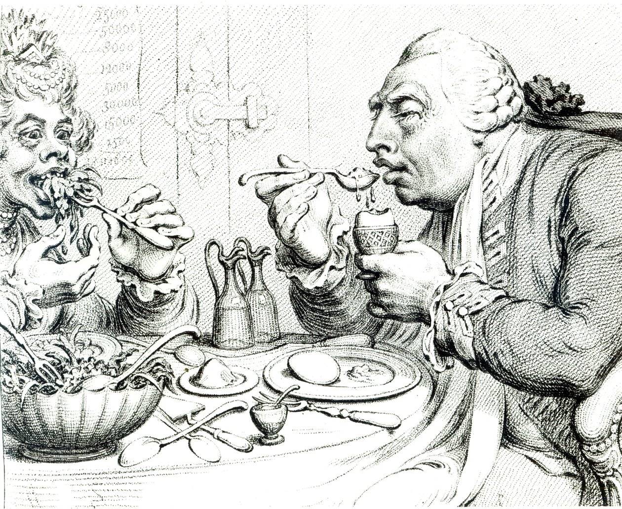 Temperance egy takarékos étkezést élvezve, III. György és Charlotte királynő karikatúrája (bw print) alkotó: James Gillray