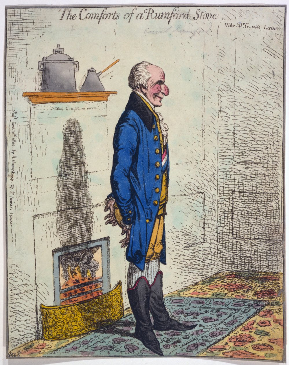 A rumfordi kályha kényelme, pub. 1800 (kézi színes metszet) alkotó: James Gillray