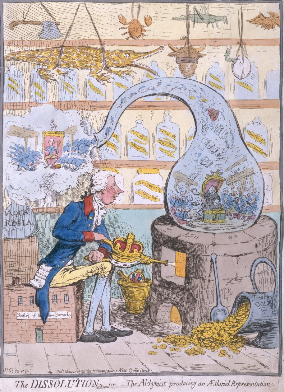 The Dissolution, or the Alchymist producing an Aetherial Representation, kiadta Hannah Humphrey 1796-ban (kézzel színezett metszet). alkotó: James Gillray