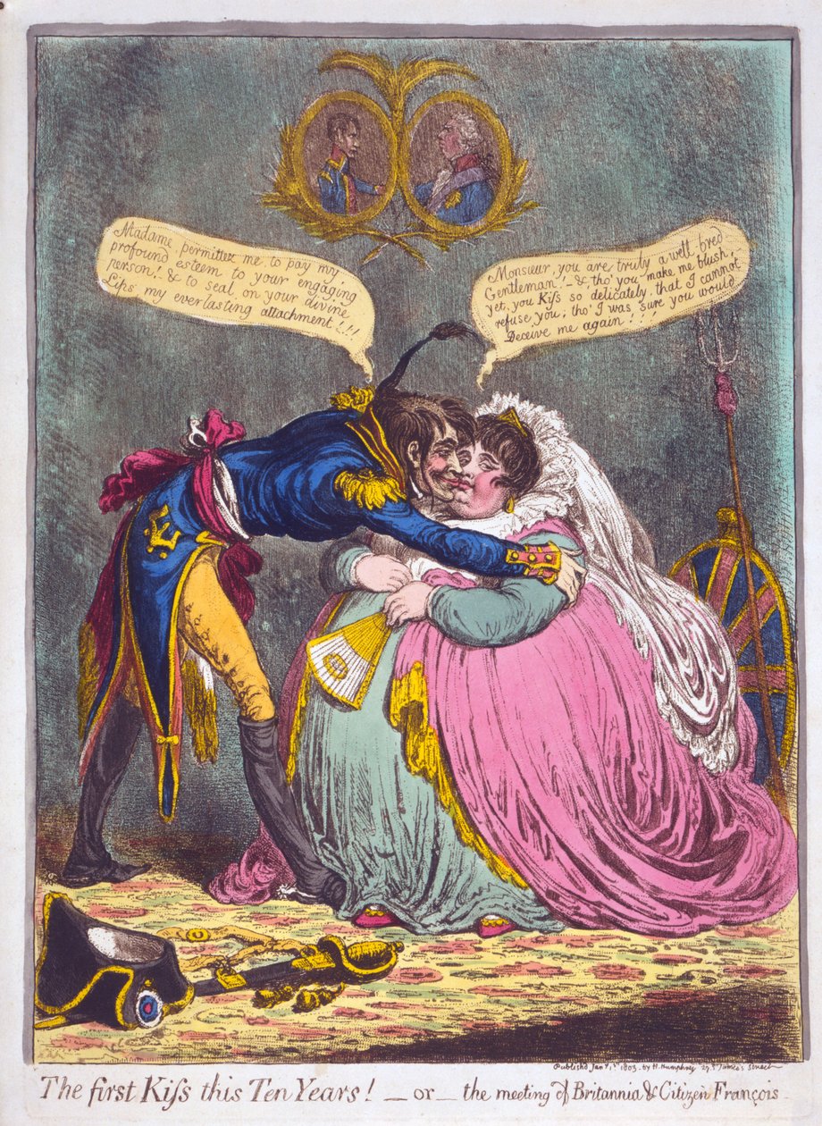 Az első csók ebben a tíz évben! Vagy a Britannia und Citizen Francois találkozója, kocsma. 1803 (kézzel színezett metszet) alkotó: James Gillray