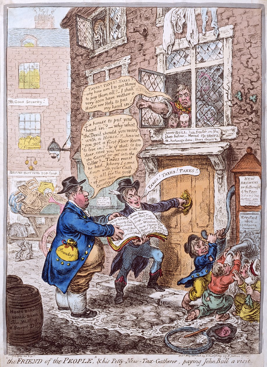 "A nép barátja" és az ő kicsinyes új adóbeszedője, aki John Bullhoz látogat, Hannah Humphrey adta ki 1806-ban (kézzel színezett rézkarc) alkotó: James Gillray