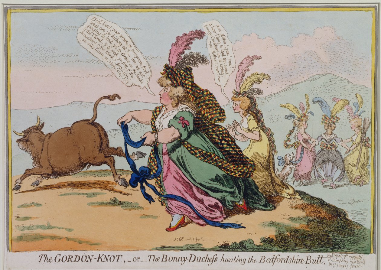 A Gordon-csomó, avagy The Bonny Duchess vadászik a bedfordi bikára, Hannah Humphrey adta ki 1797-ben (kézzel színezett rézkarc) alkotó: James Gillray