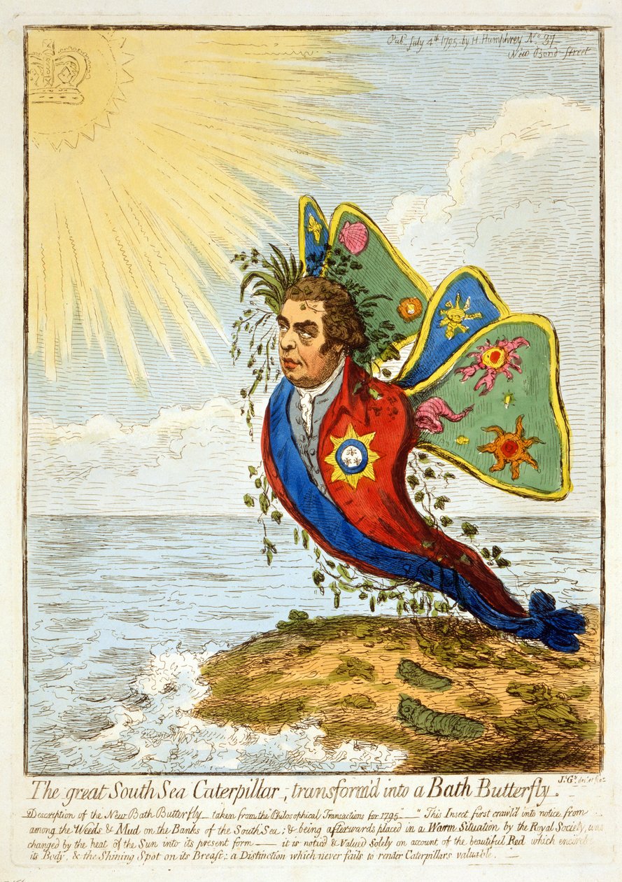 A nagy déli-tengeri hernyó, fürdőpillangóvá alakítva, 1795 (kézzel színezett metszet) alkotó: James Gillray