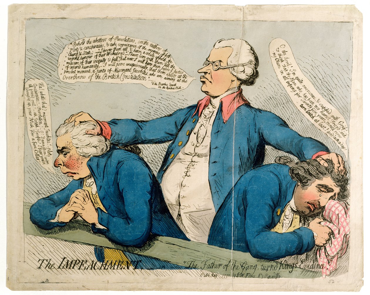 The Impeachment, vagy „A banda atyja megfordította a király bizonyítékát”, S.W. Fores 1791-ben (kézzel színezett rézkarc) alkotó: James Gillray