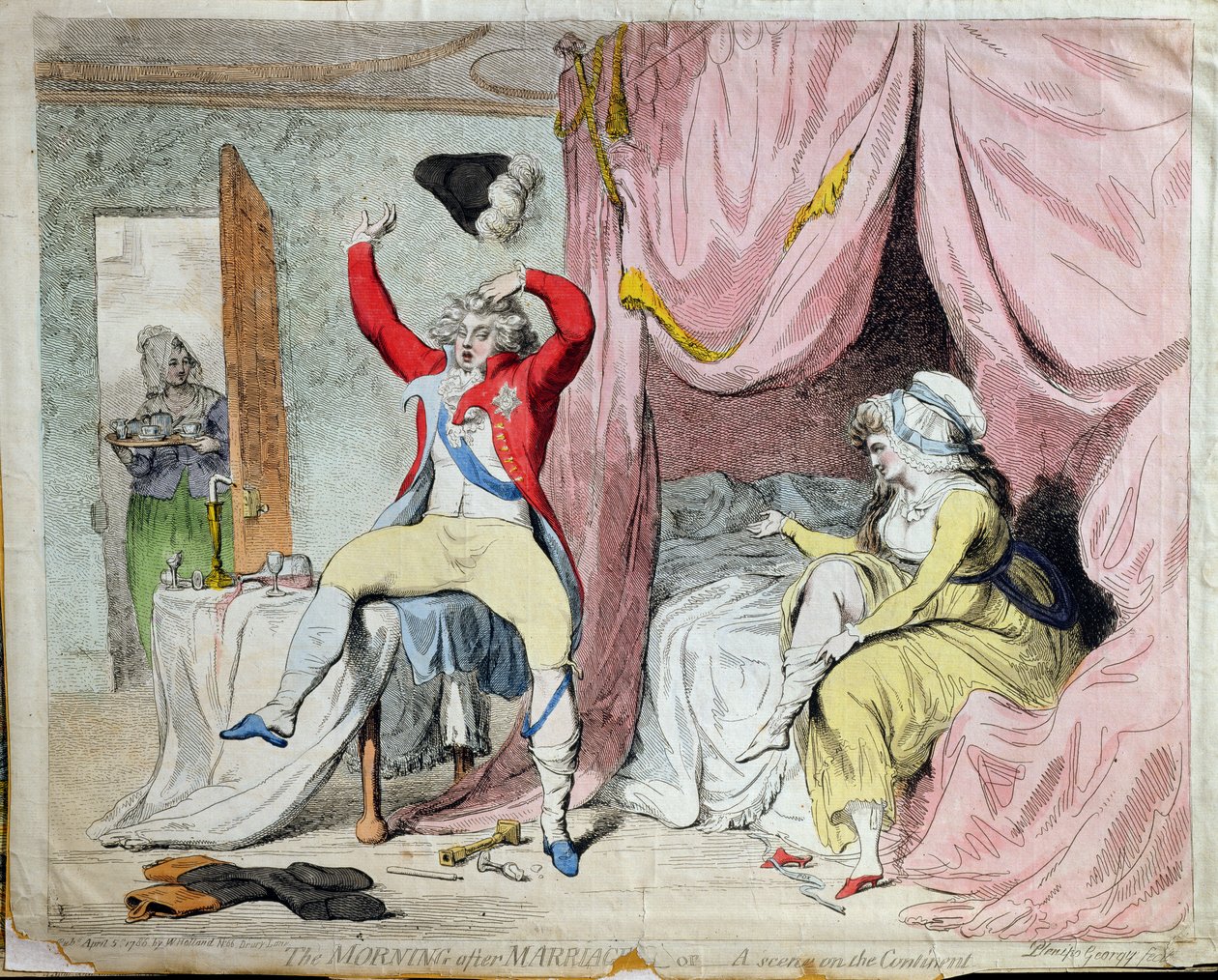 The Morning after Marriage, or A scene on the Continent, kiadta W, Holland 1788-ban (kézzel színezett metszet) alkotó: James Gillray