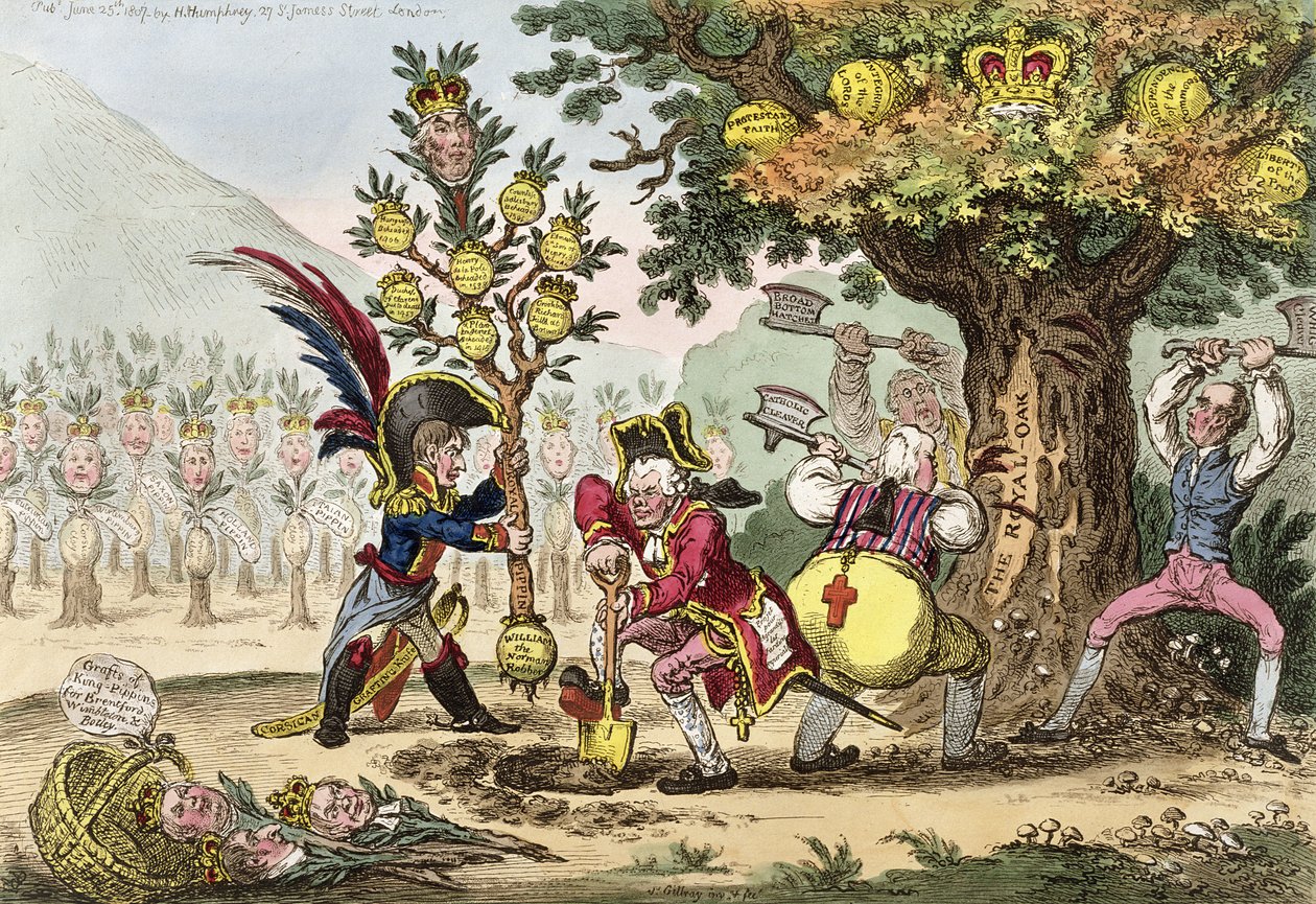 Az új dinasztia, avagy A kis korzikai kertész, aki egy királyi borsófát ültet, Hannah Humphrey kiadása 1807-ben (kézi színezett metszet). alkotó: James Gillray