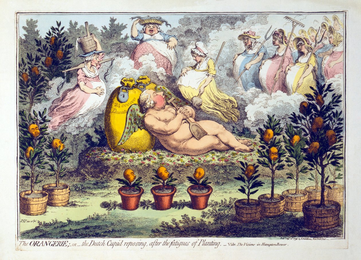 Az Orangerie - vagy - Az ültetés fáradalmait követően pihenő holland Ámor, 1796-ban (kézzel színezett metszet) alkotó: James Gillray