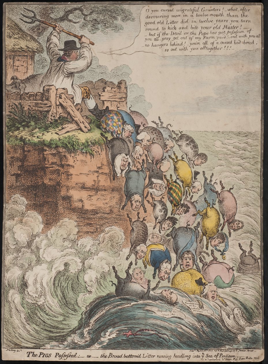 A megszállt disznók, avagy a széles fenekű alom, amely hanyatt-homlok rohan a kárhozat tengerébe, 1807 alkotó: James Gillray