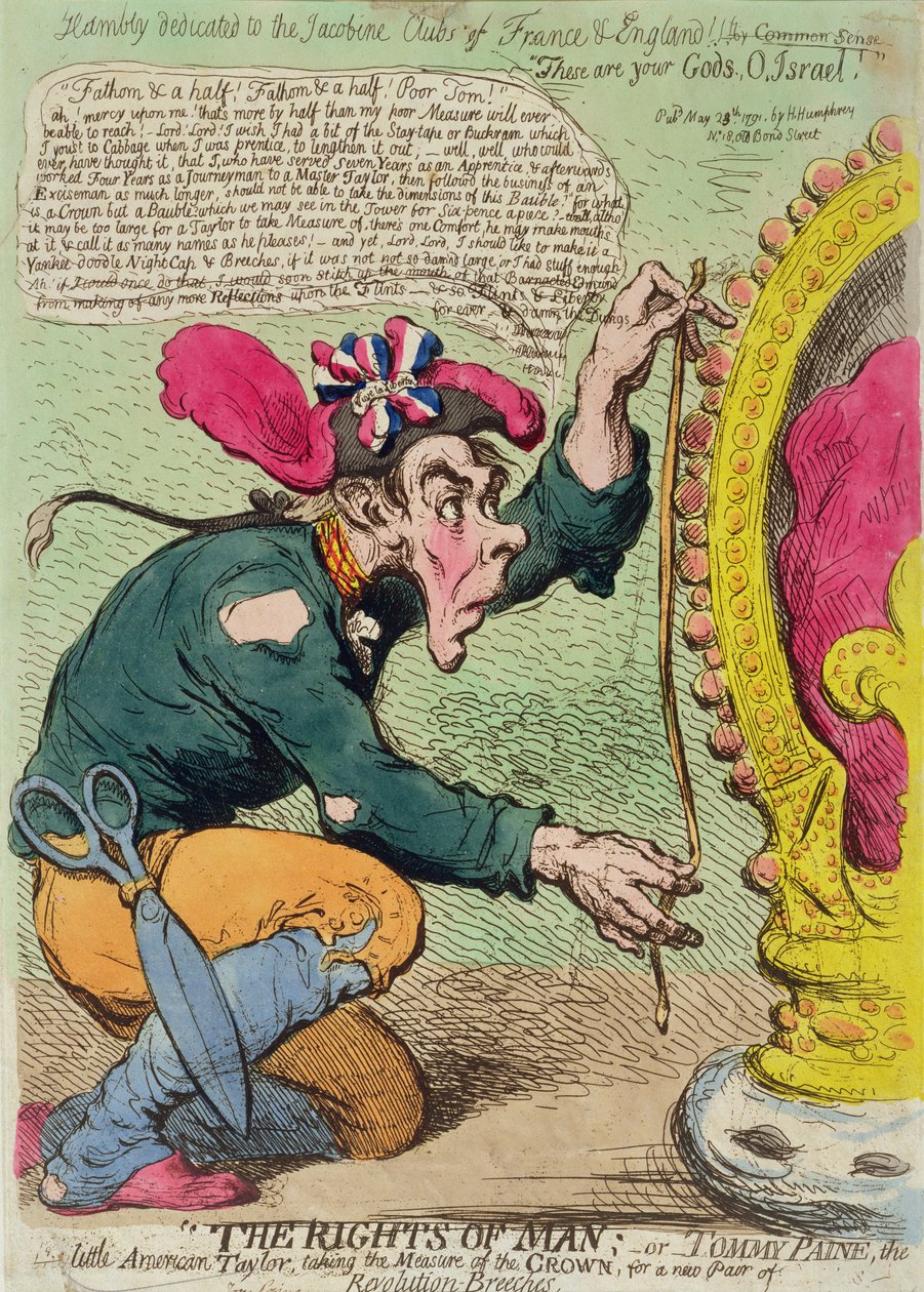 Az ember jogai, avagy Tommy Paine, a kis amerikai Taylor, aki a Korona mértékét veszi egy új forradalom-bringanadrágért, Hannah Humphrey adta ki 1791-ben (kézzel színezett rézkarc) alkotó: James Gillray