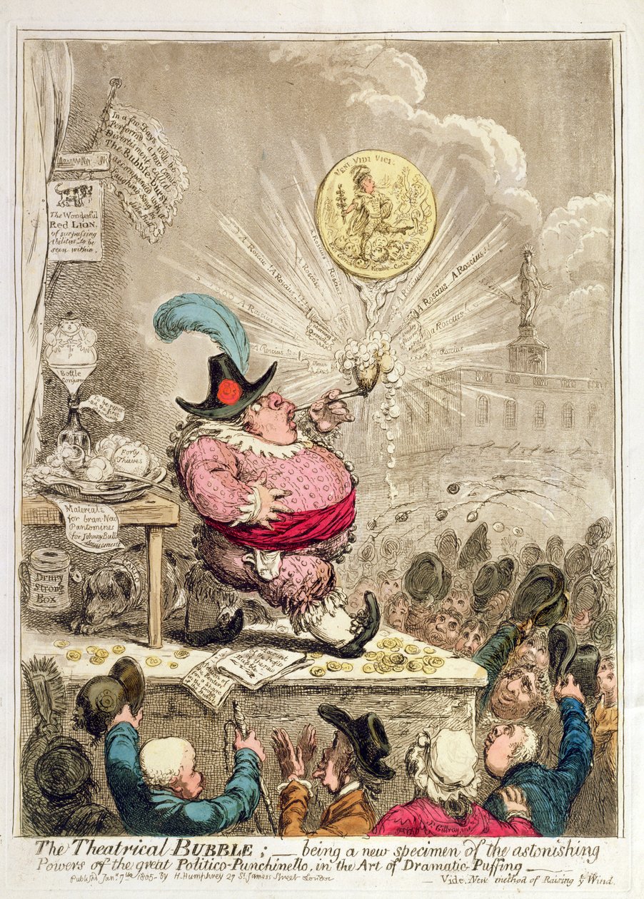 A Theatrical Bubble: az elképesztő erők új példánya a nagy Politico-Punchinello-ban, a Hannah Humphrey által 1805-ben kiadott drámai puffadás művészetében (kézzel színezett rézkarc und aquat alkotó: James Gillray