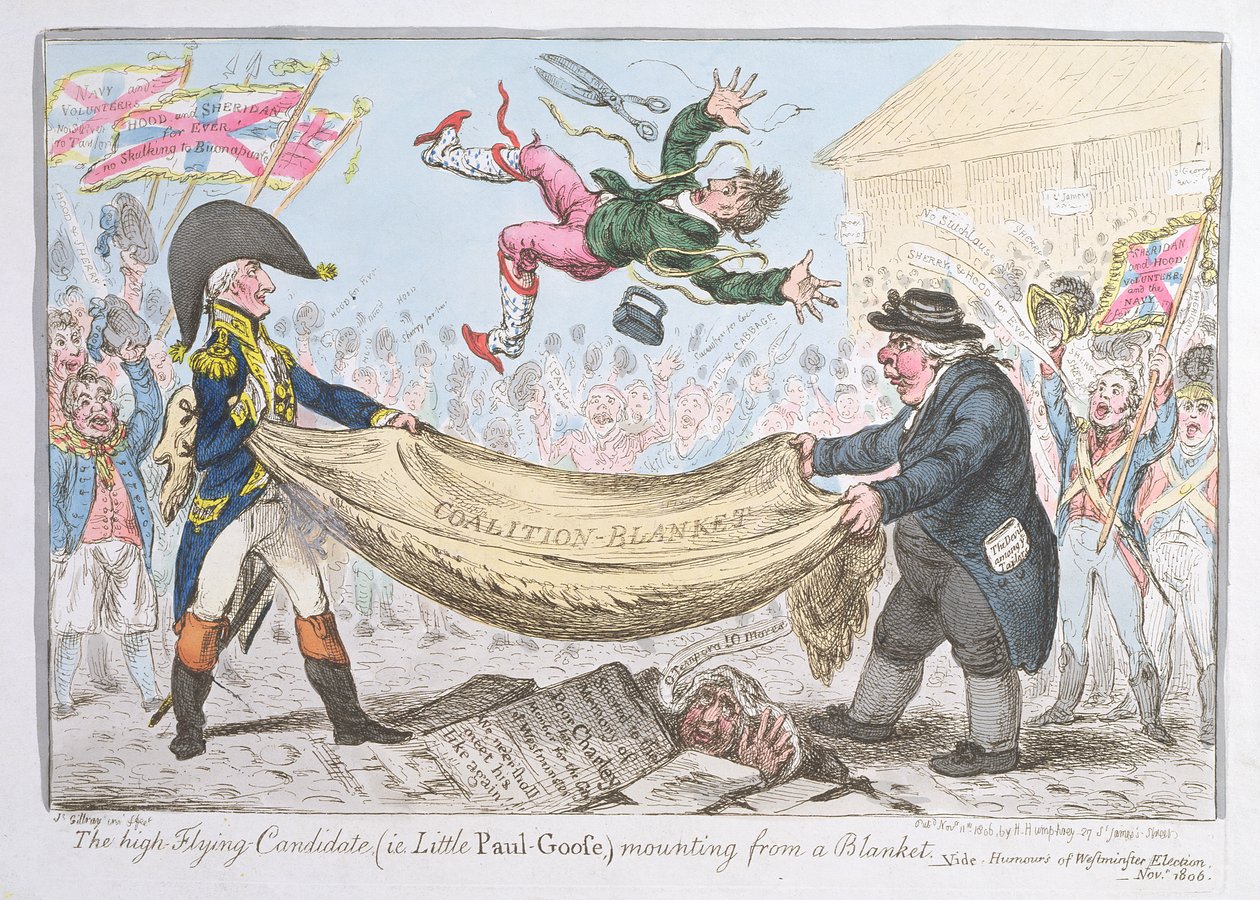 Hannah Humphrey 1806-ban kiadott magasan repülő Candidate (azaz a Little Paul Goose) takaróról készült szerelése (kézzel színezett rézkarc) alkotó: James Gillray