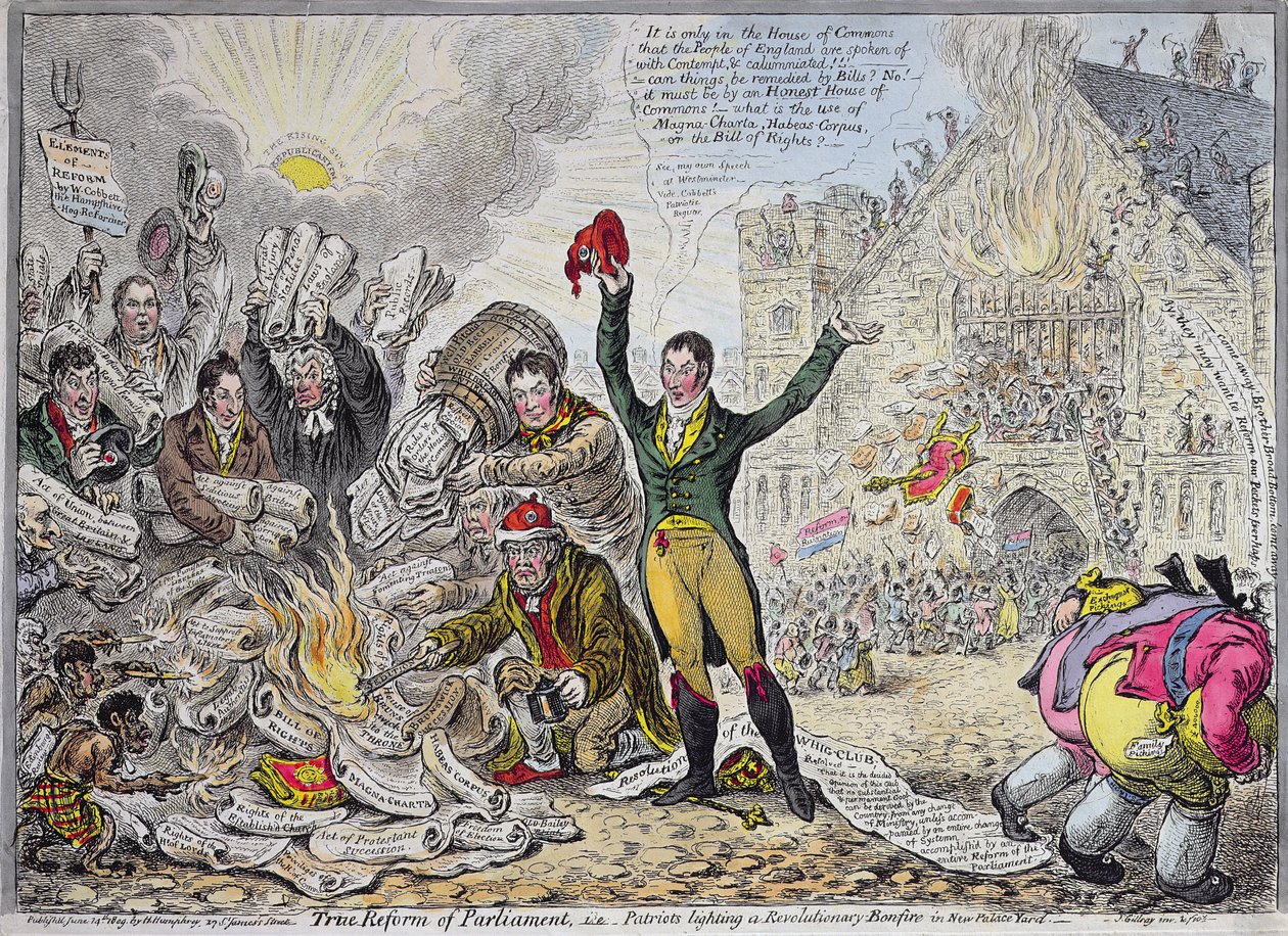 A Parlament igazi reformja, vagyis a Hannah Humphrey által 1809-ben kiadott Hannah Humphrey (kézzel színezett rézkarc) forradalmi máglyát gyújtó Patriots az új palota udvarán alkotó: James Gillray