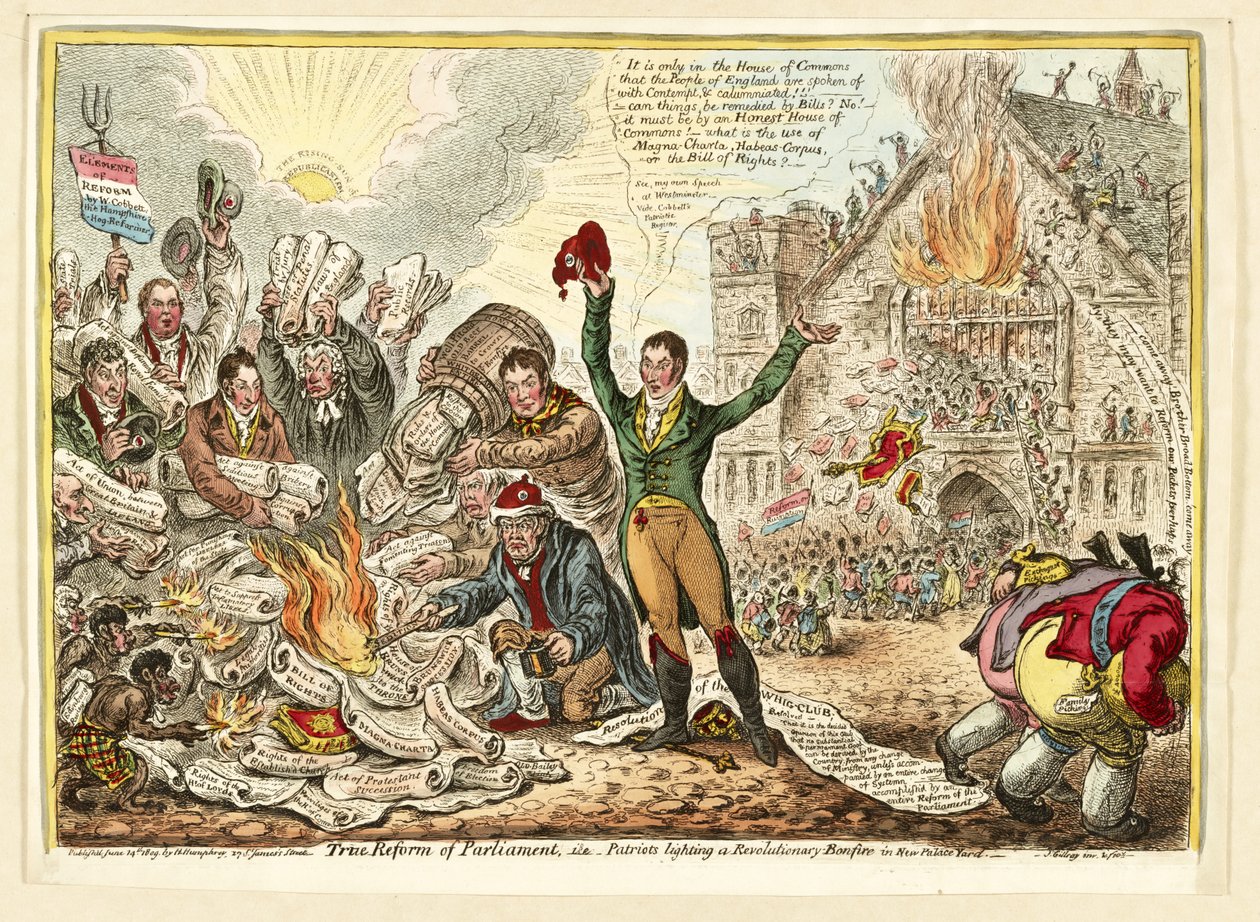 A parlament igazi reformja, azaz a hazafiak forradalmi máglyát gyújtanak a New Palace Yardon, pub. Hannah Humphrey, 1809 (kézzel színezett metszet) alkotó: James Gillray